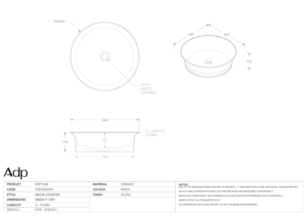 Neptune Above Counter Basin Specs