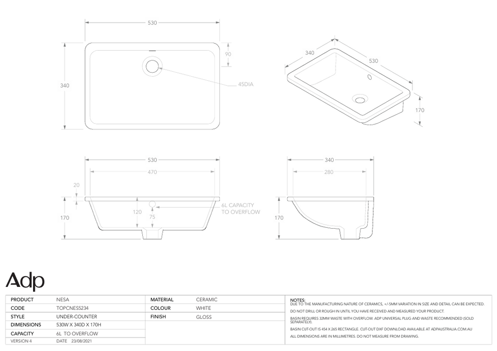 Nesa Undermount Basin Specs