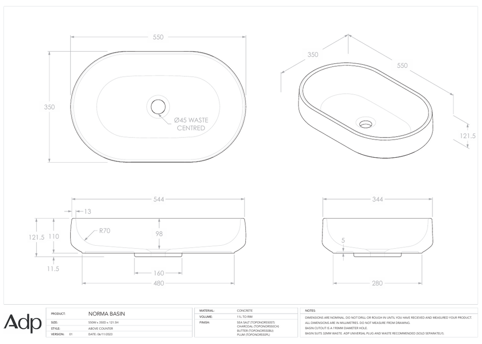 Norma Above Counter Concrete Basin (Multiple Colour Options)