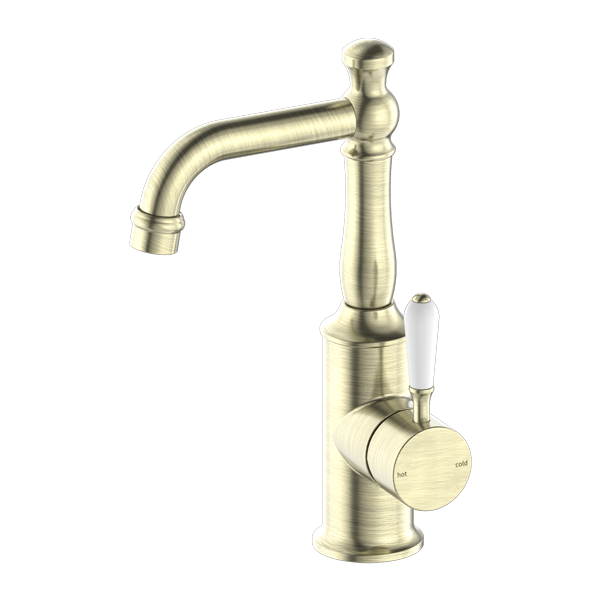 York Basin Mixer with Standard Spout (Aged Brass) with White Porcelain lever