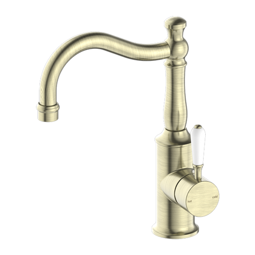York Basin Mixer with Hook Spout (Aged Brass) with White lever