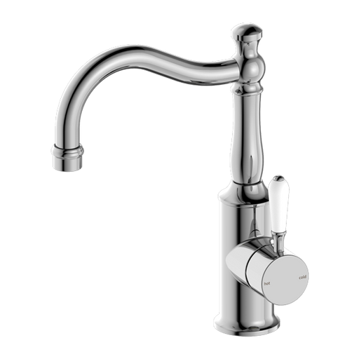 York Basin Mixer with Hook Spout (Chrome) with White Lever by Nero Tapware