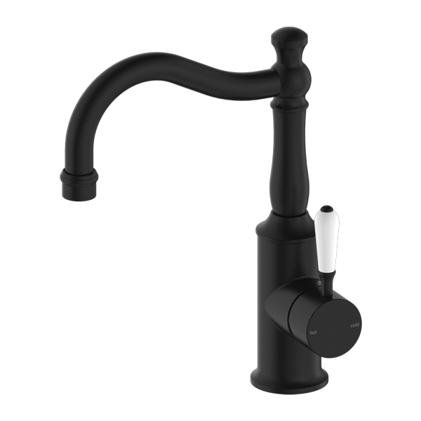 York Basin Mixer with Hook Spout (Matte Black) with White lever