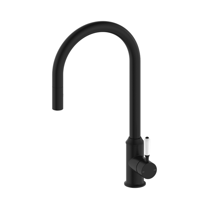 York Kitchen Sink Mixer with Pullout Veggie Spray (Matte Black) with White Porcelain Lever