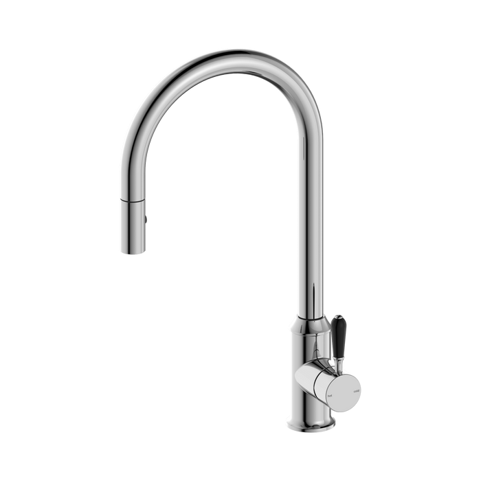 York Kitchen Sink Mixer with Pullout Veggie Spray (Chrome) with Black Porcelain Lever