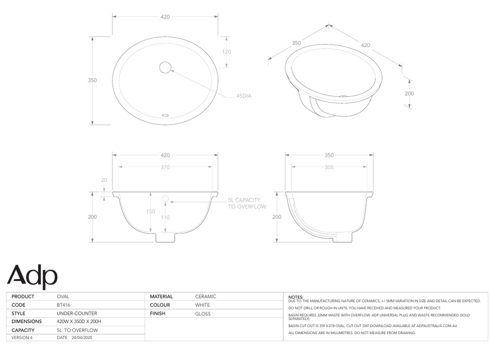 Oval Undercounter Basin Gloss White