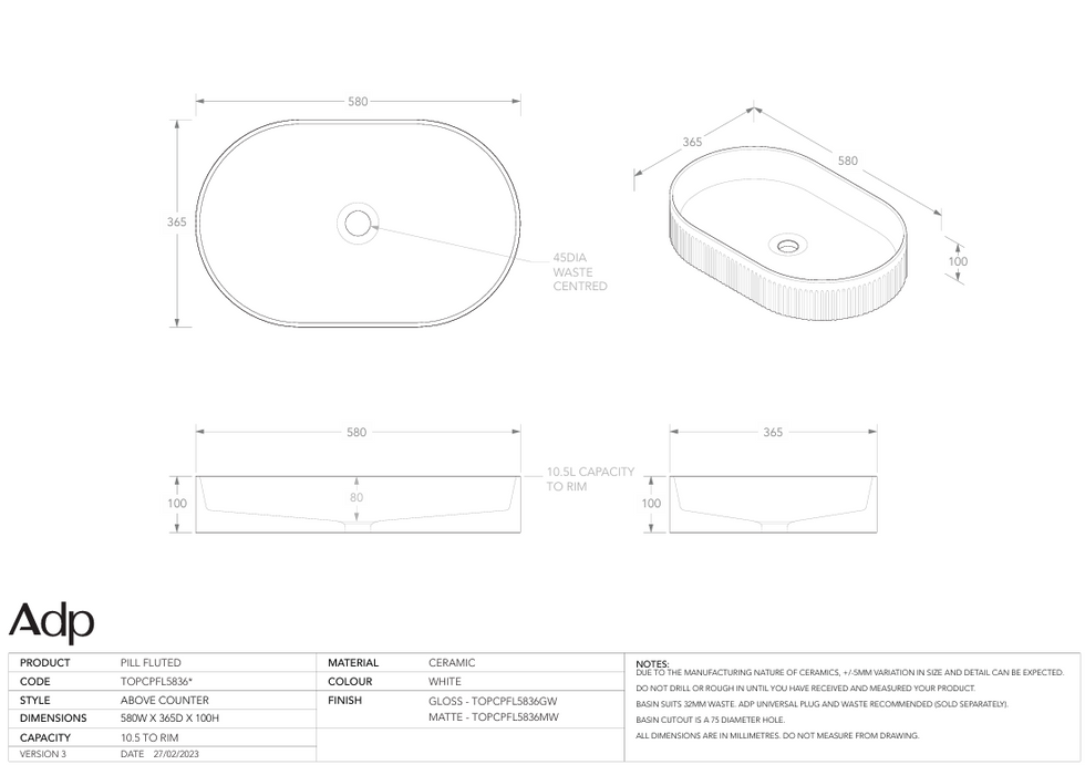 Pill Fluted Above Counter Basin Specs