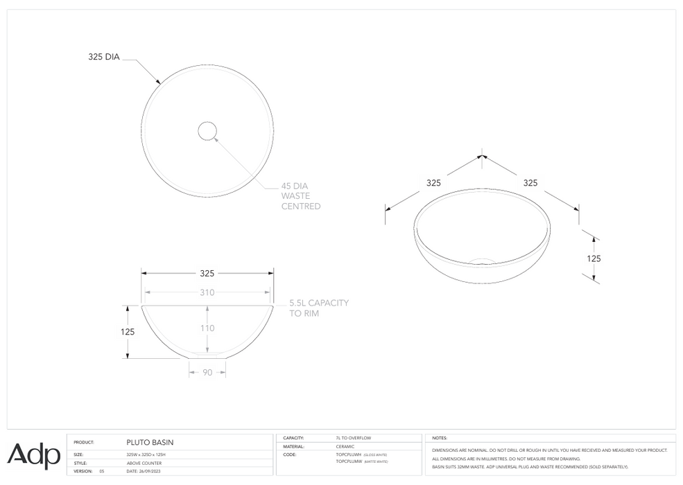 Pluto Above Counter Basin (Multiple Colour Options)