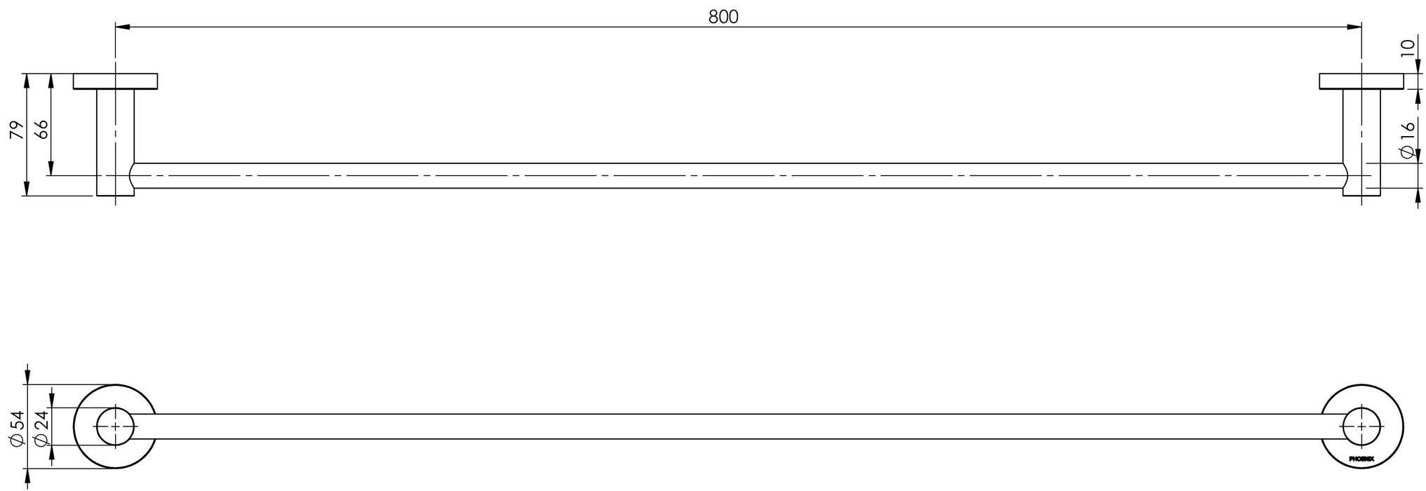 Radii Single Towel Rail 800mm (Round) (Brushed Carbon)