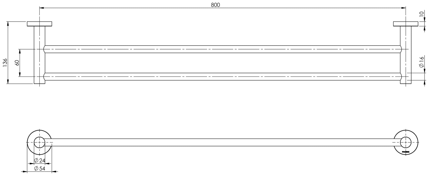 Radii Double Towel Rail 800mm (Square) (Brushed Nickel)