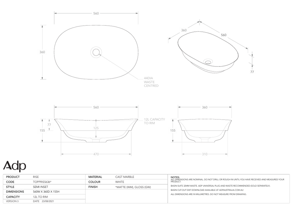 Rise Semi Inset Basin (Mutiple Colour Options)