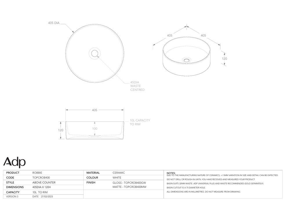 Robbie Above Counter Basin Specs
