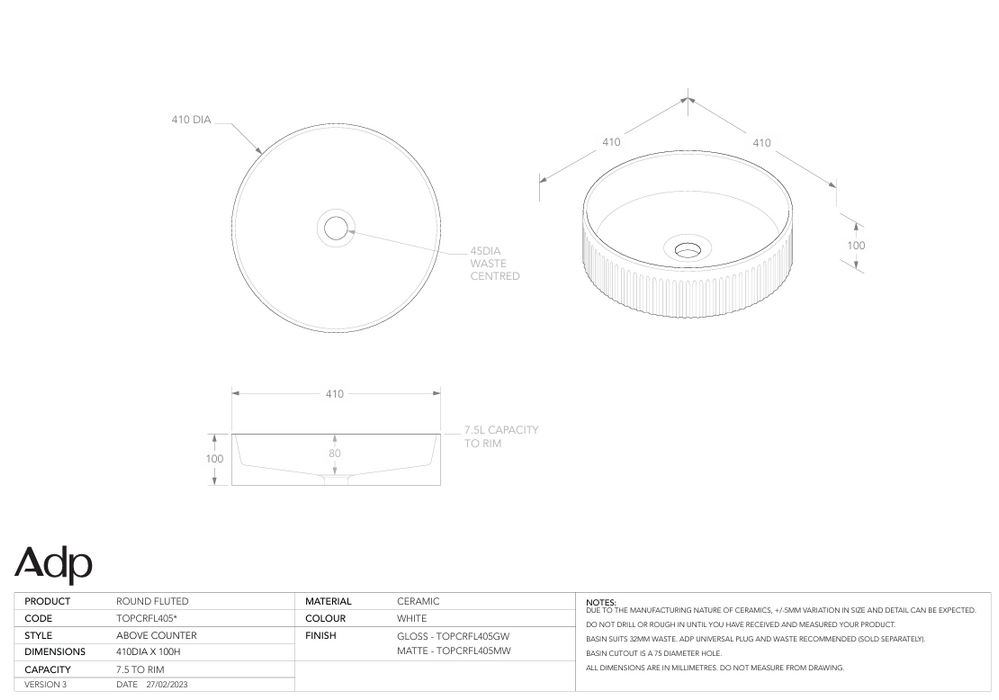 Round Fluted Above Counter Basin Specs