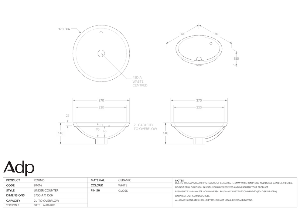 Round Undercounter Basin Specs