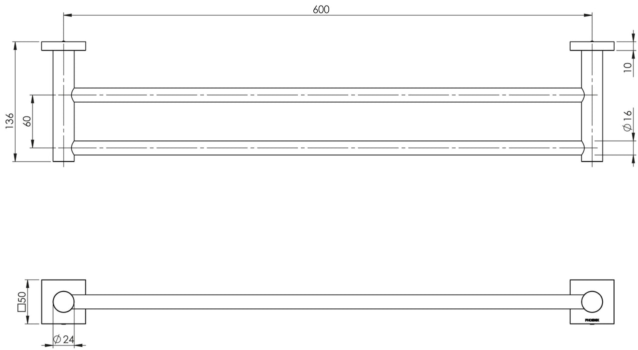 Radii Double Towel Rail 600mm (Square) (Brushed Carbon)