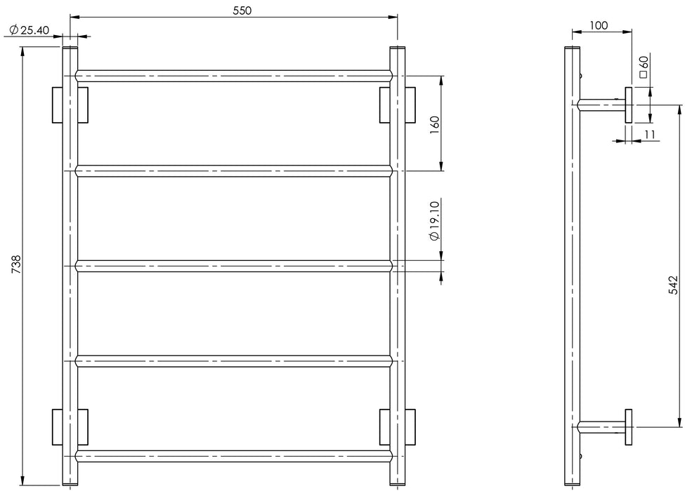 Radii Towel Ladder 550 x 740mm (Square) (Chrome)