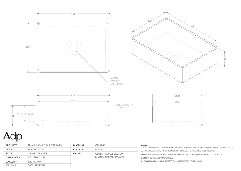 Selma Above Counter Basin (Multiple Colour Options)