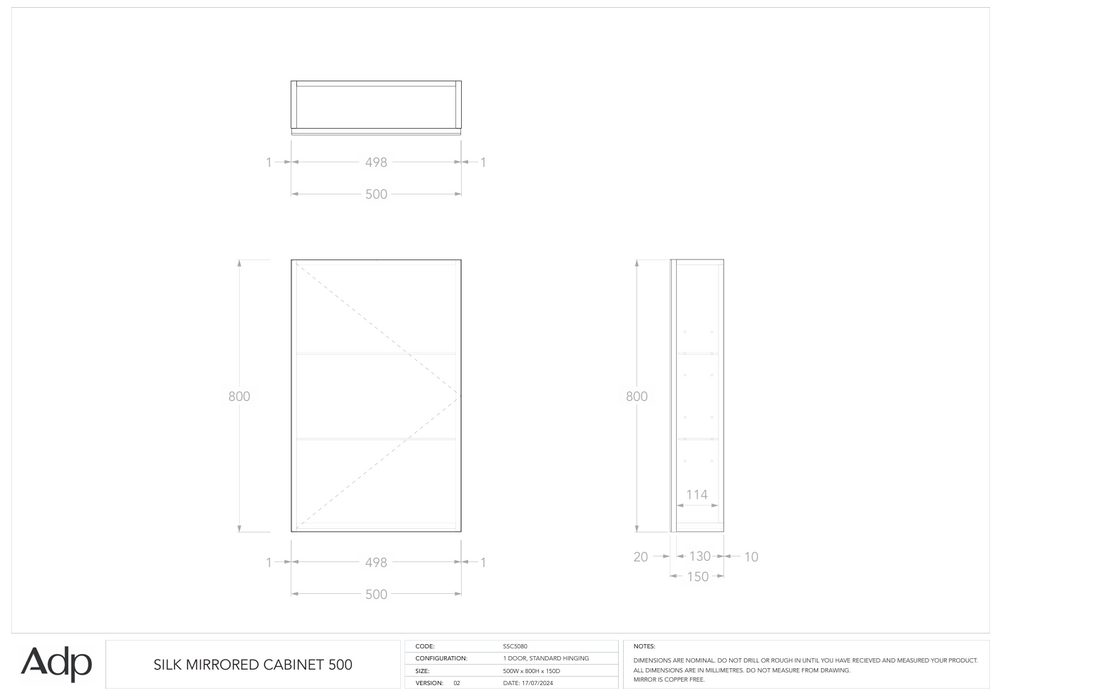 Silk Mirrored Cabinet 500 (Multiple Colour Options)