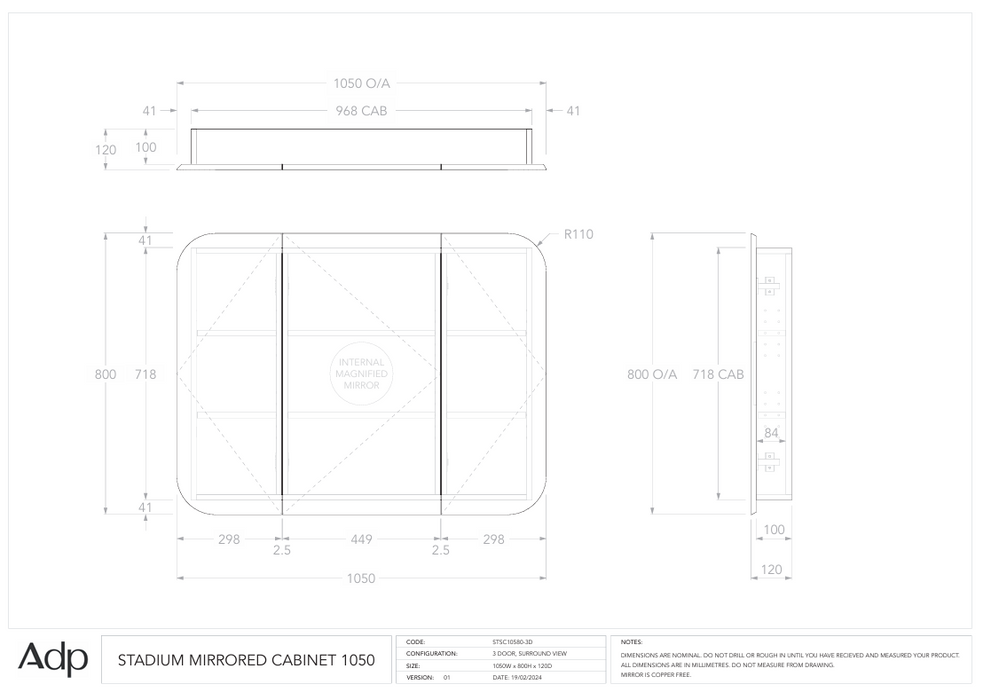 Stadium Mirror Cabinet 1050 Specs