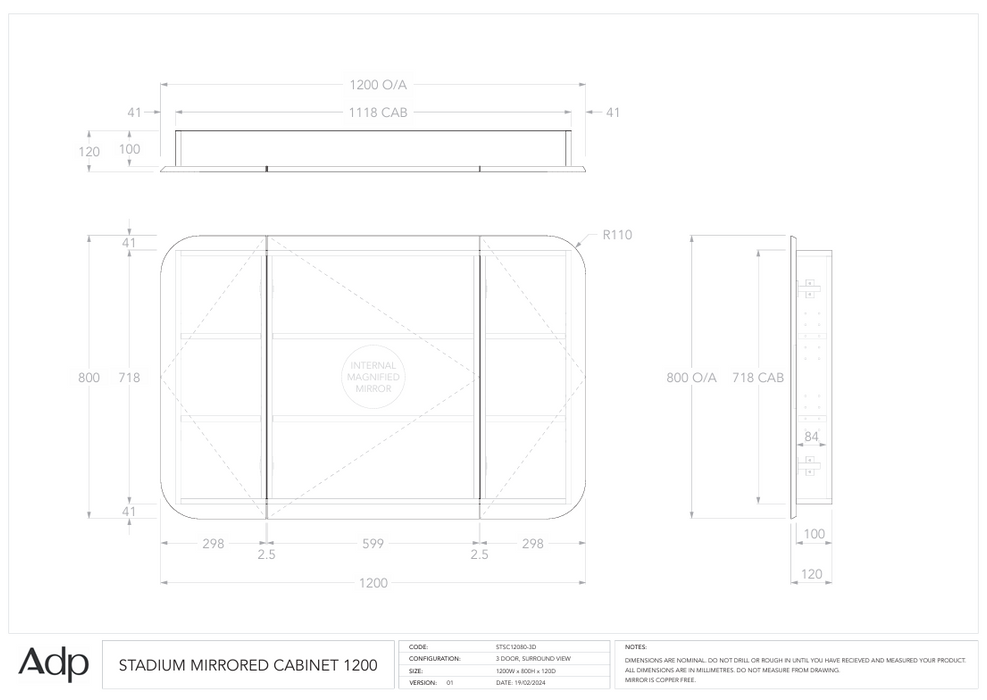 Stadium Mirror Cabinet 1200 Specs