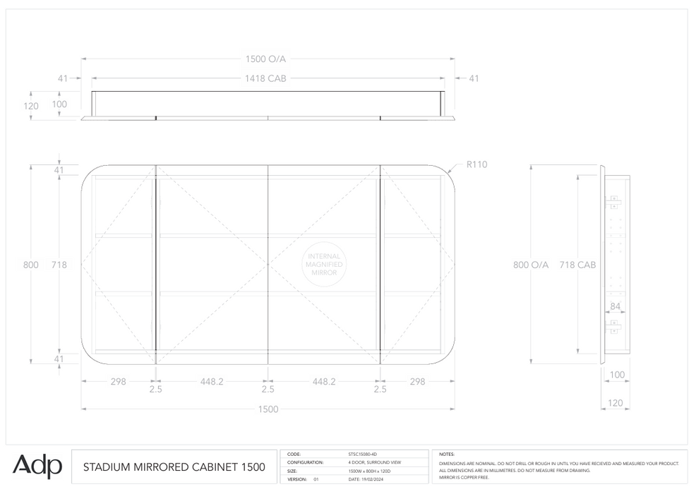 Stadium Mirror Cabinet 1500 Specs