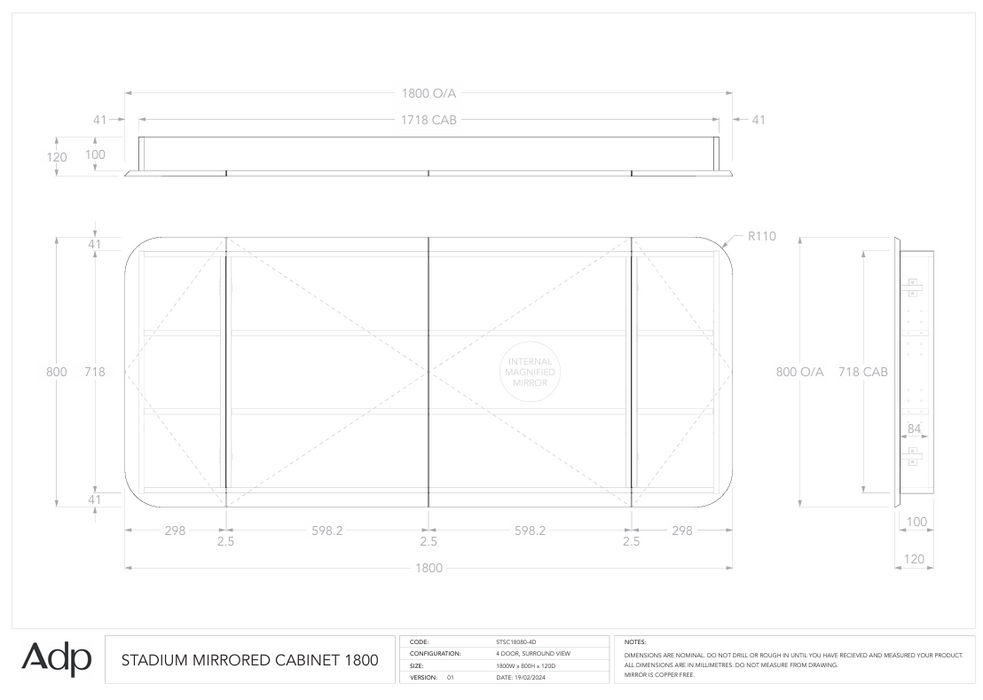 Stadium Mirror Cabinet 1800 Specs