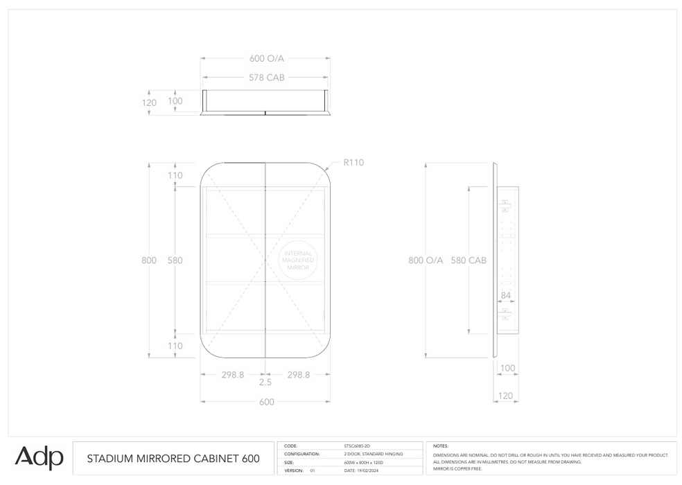 Stadium Mirror Cabinet 600 Specs