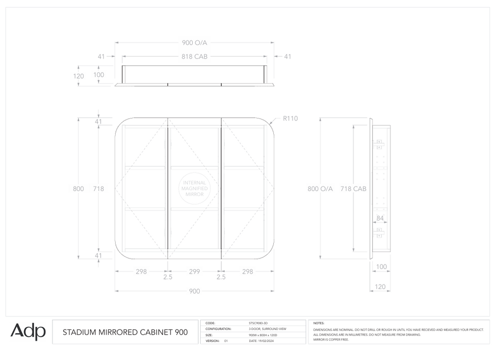 Stadium Mirror Cabinet 900 Specs