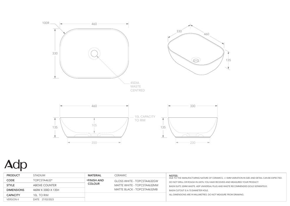 Stadium Above Counter Basin Specs