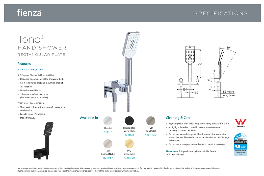 Fienza Tono Hand Shower Rectangular Plate