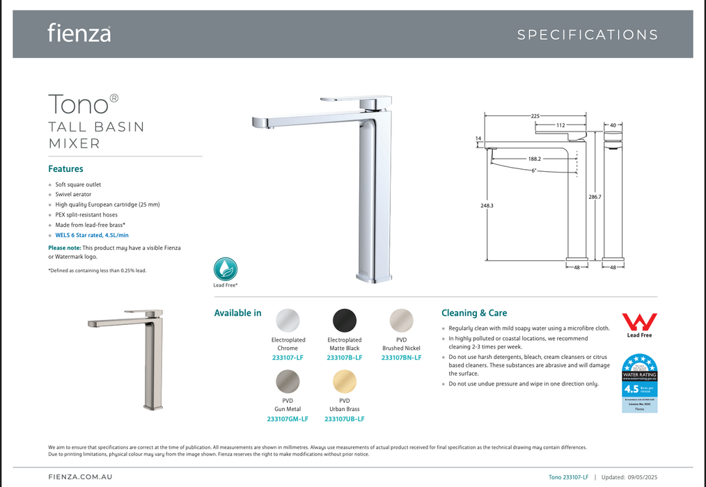 Product Specification Information - Tall