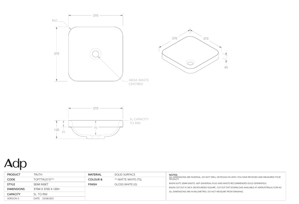 Truth Semi Inset Basin Specs
