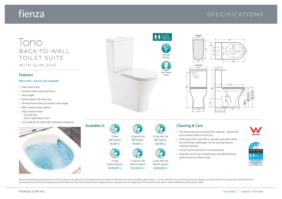 Fienza Tono Back To Wall Toilet Suite