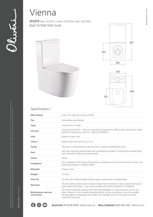 Oliveri Vienna Back To Wall Toilet Suite