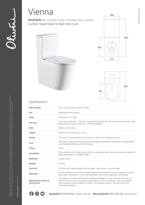 Oliveri Vienna Comfort Height Back To Wall Toilet