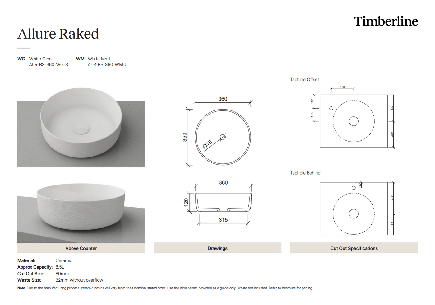 Timberline Allure Raked Basin (Multiple Finish Options) — The Bathroom Biz