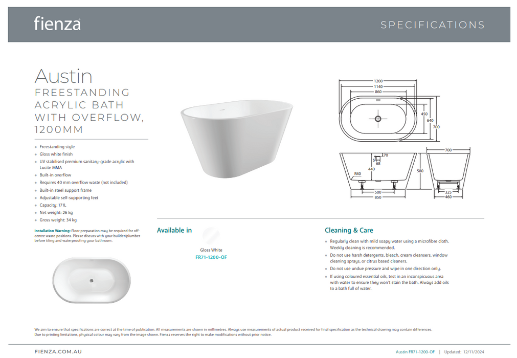 Product Specification Information 1200mm