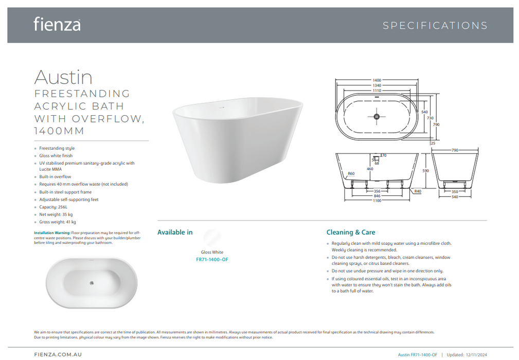 Product Specification Information (1400mm)