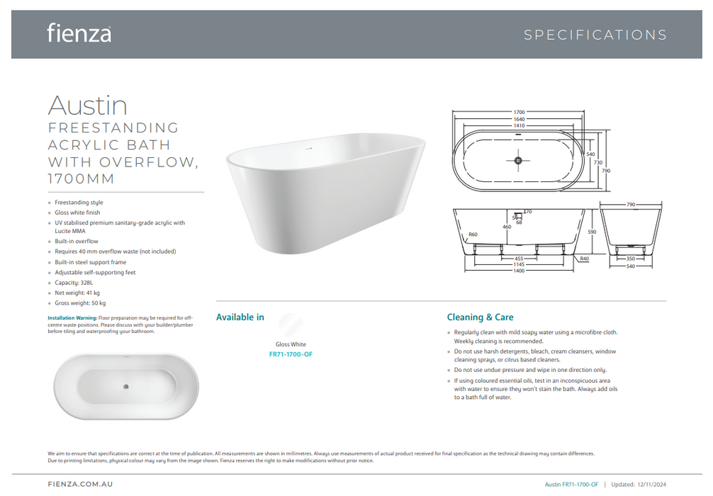 Product Specification Information (1700mm)