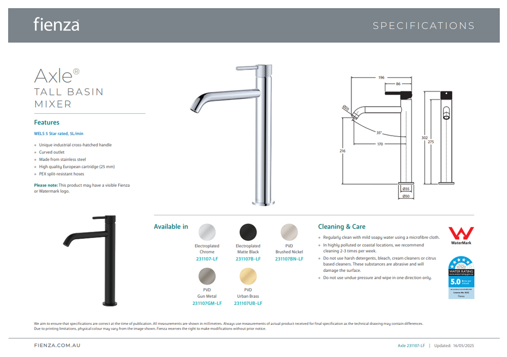 Product Specification Information - Tall
