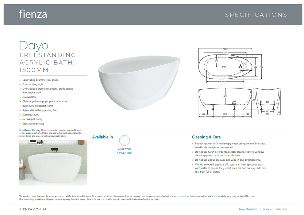 Product Specification Information 1500mm