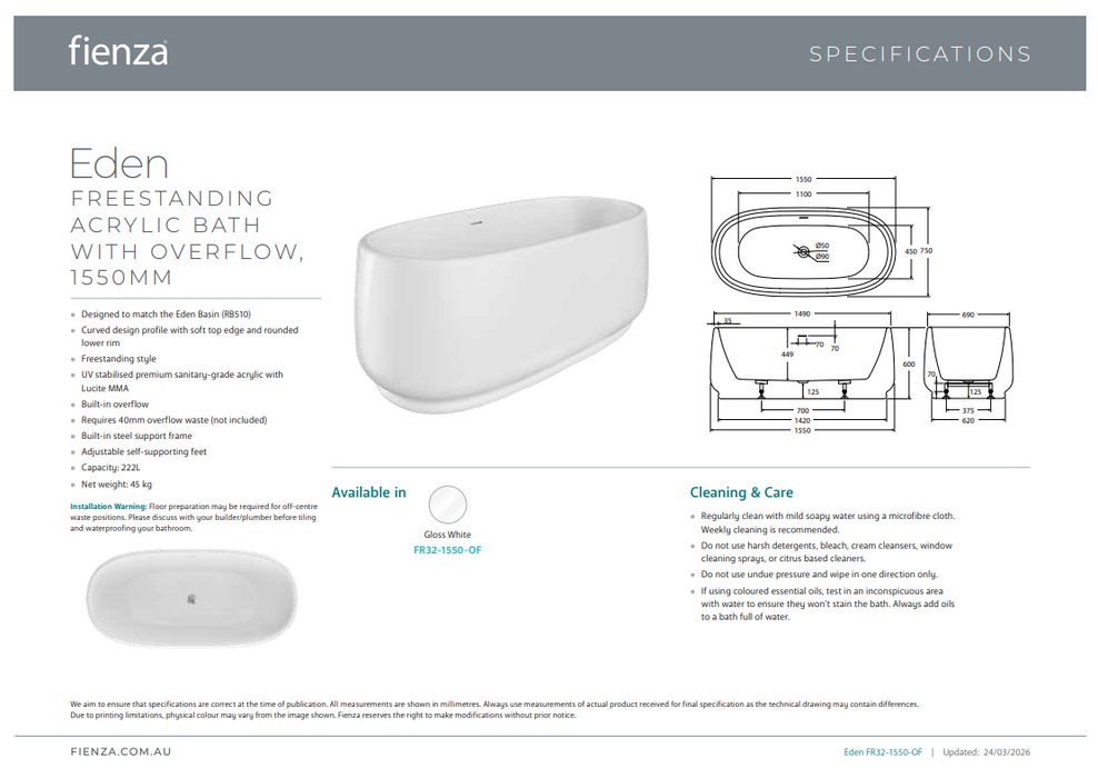 Product Specification Information 1550mm