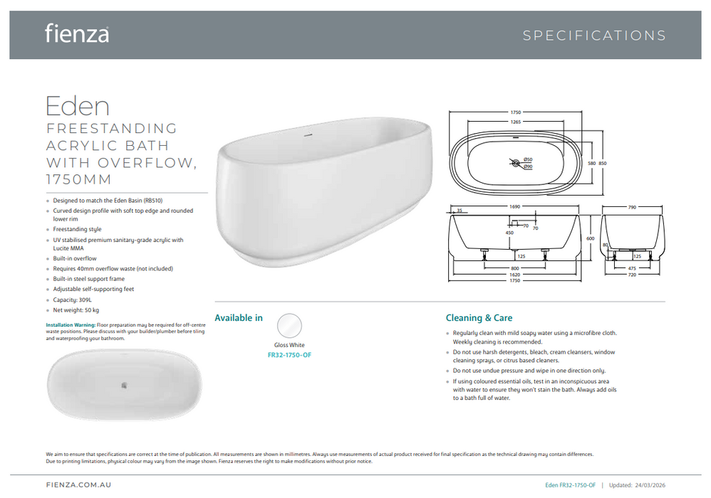 Product Specification Information 1750mm