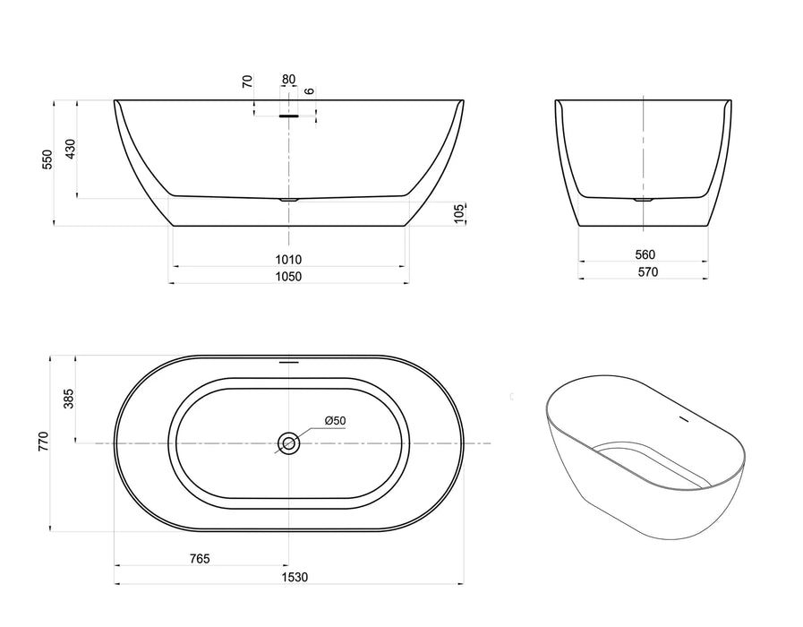 Otti Attica Manolo Freestanding Bath with Overflow (Multiple Size and Finish Options)