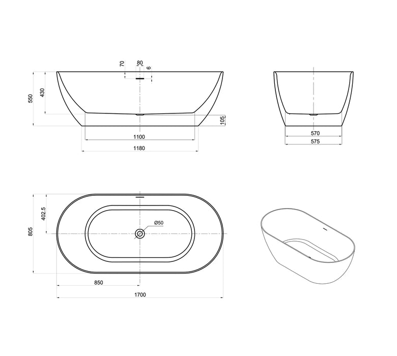 Otti Attica Manolo Freestanding Bath with Overflow (Multiple Size and Finish Options)
