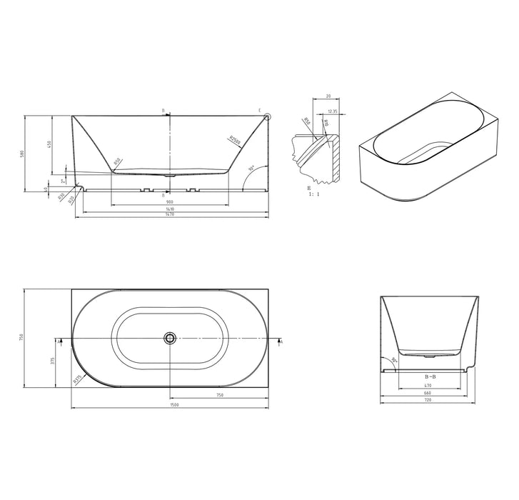 Otti Attica Celine Right Corner Bath with Overflow (Multiple Size and Finish Options)