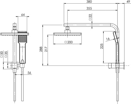 Lexi Compact Twin Shower (Matte Black) (Line Drawing)