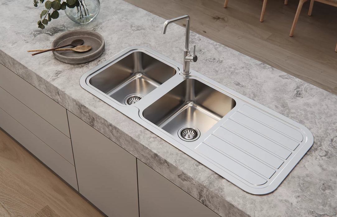 1000 Series Double Bowl installation with a Phoenix Tapware Ester Sink Mixer