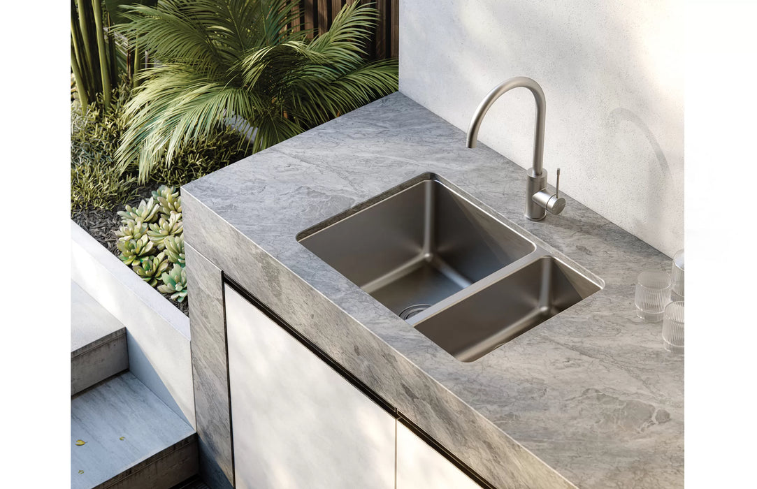 2000 Series 1 and 1/2 Bowl Sink outdoor installation with a Vivid Slimline 316 Stainless Steel mixer