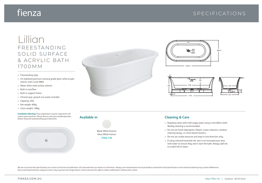 Product Specification Information 1700mm